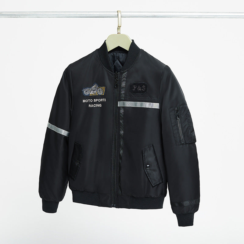 Men's motorcycle-inspired reflective pilot bomber jacket with embroidered racing badge – Brevano