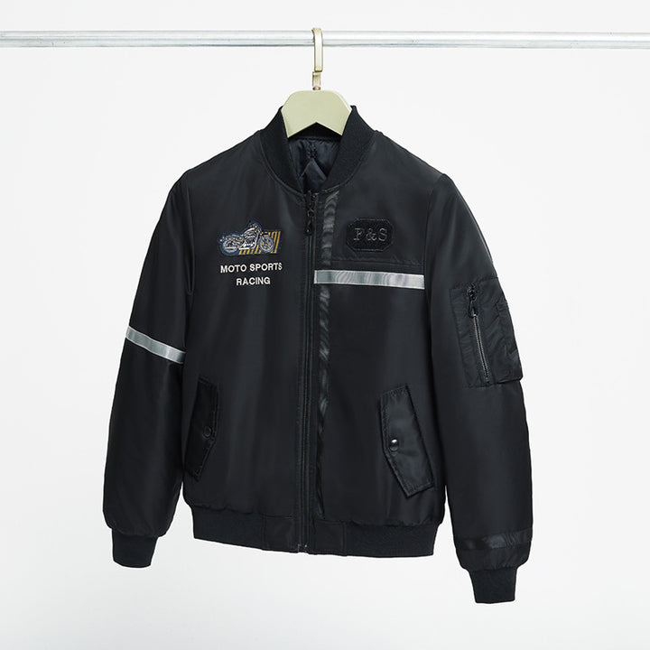 Men's motorcycle-inspired reflective pilot bomber jacket with embroidered racing badge – Brevano