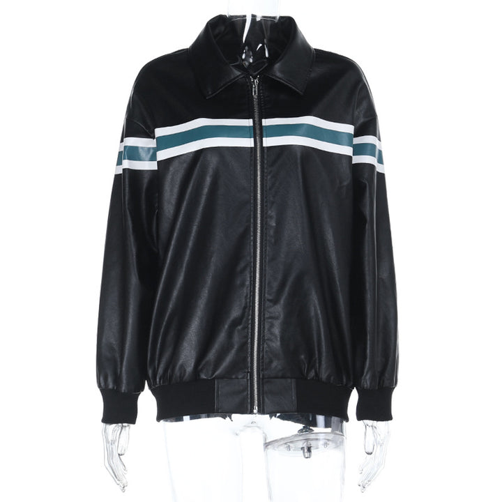Damen Kunstleder-Bomberjacke mit Retro-Streifen und durchgehendem Reißverschluss – Avérine