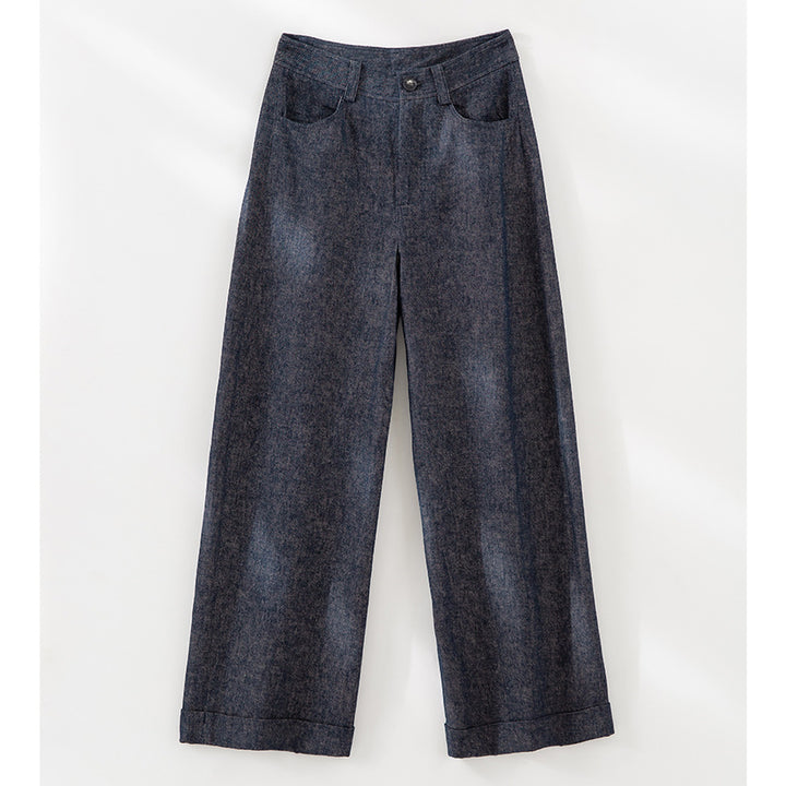 Damen Weite High-Waist-Jeanshose mit Bügelfalte und Umschlagsaum Echoarchiv