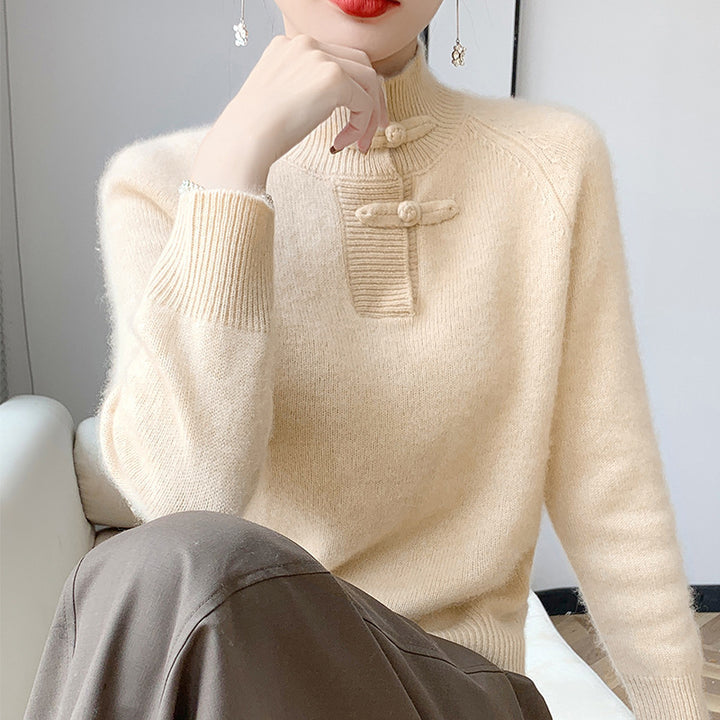 Damen Kaschmir‑Optik Mockneckpullover mit dekorativer KnEchoarchivelknopfblende Echoarchiv