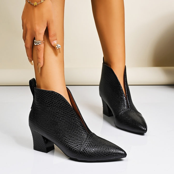 Damen spitze Ankle Boots mit Schlangenprägung, V-Ausschnitt und stabilem Blockabsatz – Varelle