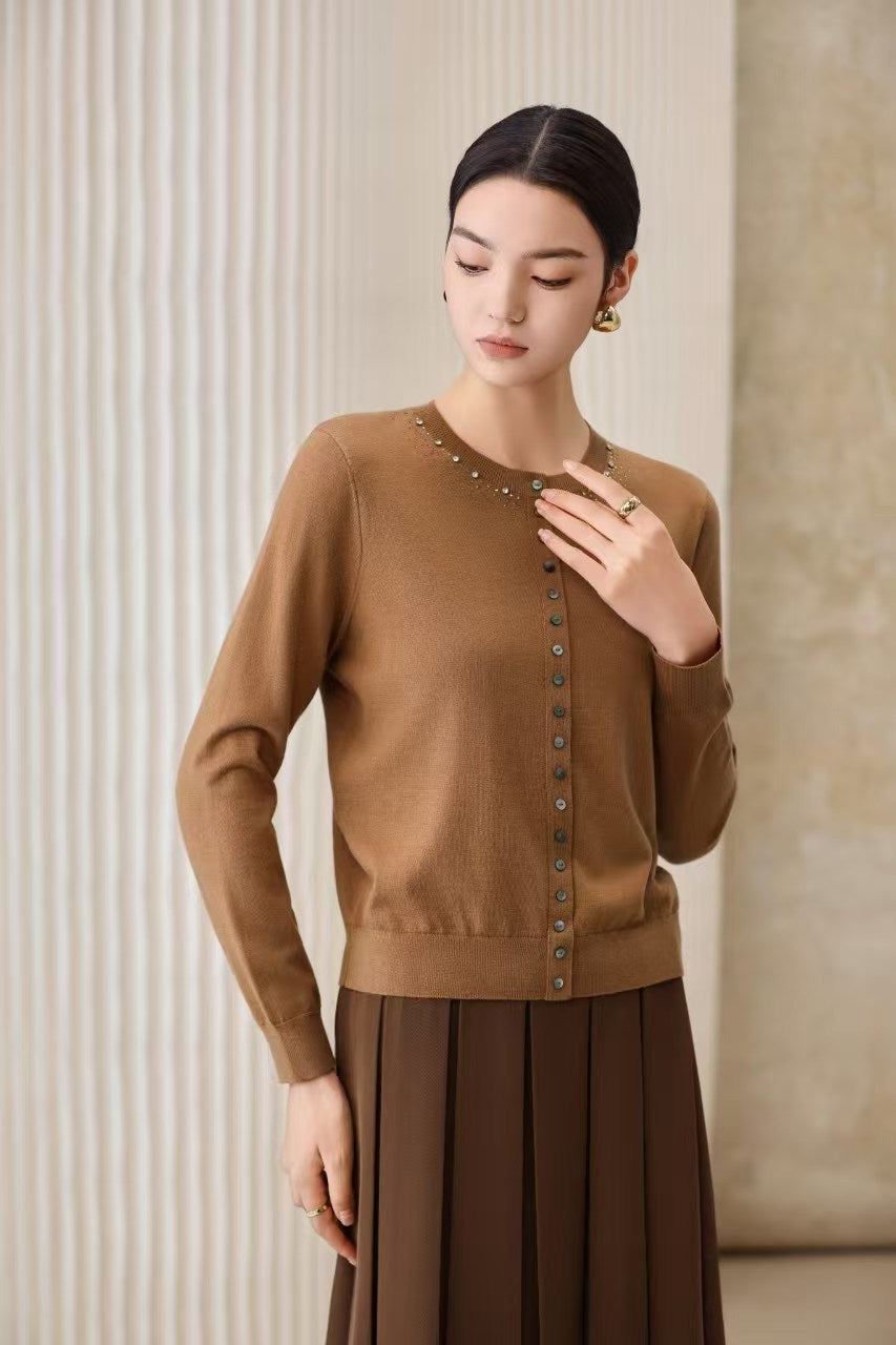 Damen Feiner Feinstrick-Cardigan mit Perlendekor am Rundhalsausschnitt Echo Archiv