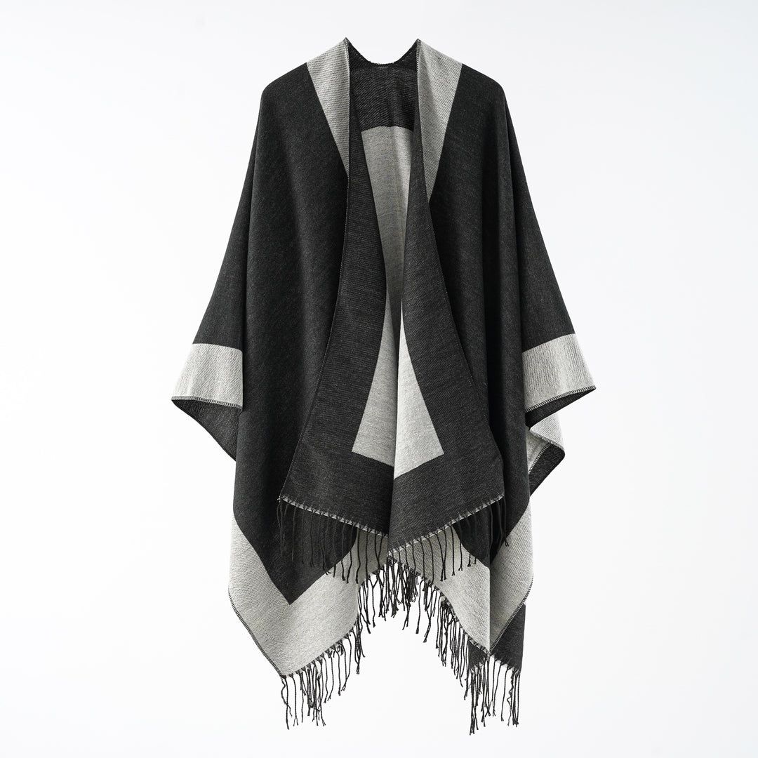 Damen Oversize-wendbarer Capeponcho aus Wollmix mit Fransen Echo Archiv