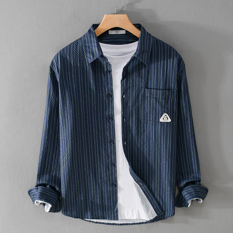 Herren Leichtes gestreiftes Baumwoll‑Leinen Layering‑Overshirt mit Kentkragen, Brusttasche und Crinkle‑Struktur Echoarchiv