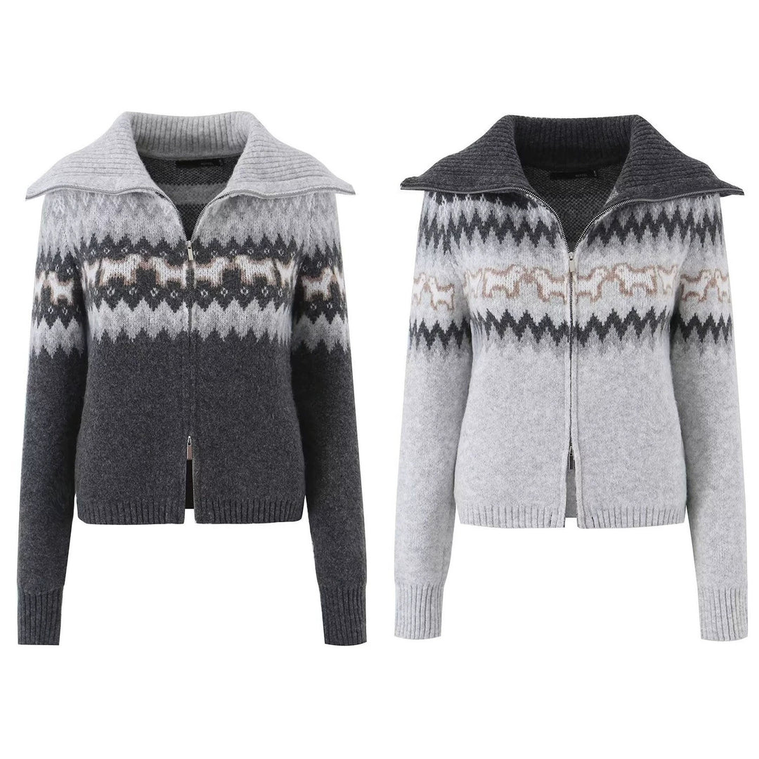 Damen Gestrickte Zip-Cardigan mit Norwegermuster und extra breitem Umlegekragen Echo Archiv