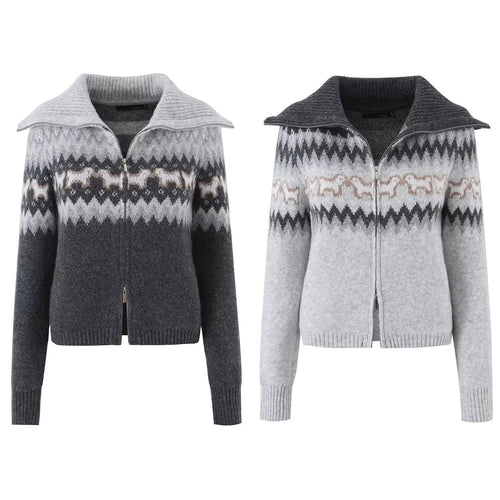Damen Gestrickte Zip-Cardigan mit Norwegermuster und extra breitem Umlegekragen Echo Archiv
