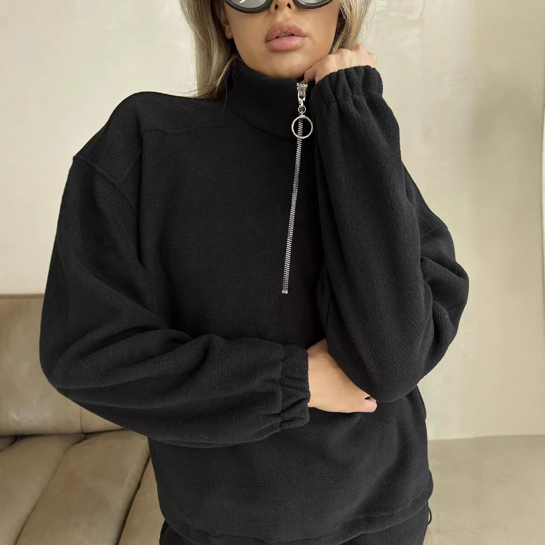Damen lässiges Fleece-Jogginganzug Set mit Stehkragen und halbhohem Reißverschluss – Avérine