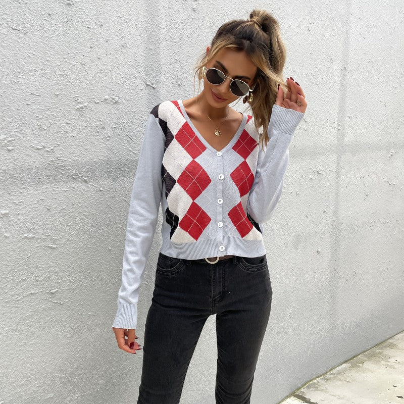 Damen Leichter Kurzcardigan mit Rautenmuster, V-Ausschnitt und Knopfleiste Echoarchiv