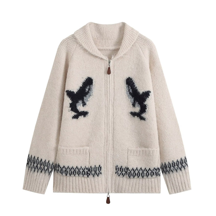 Damen Grobgestrickter Zip-Cardigan mit Schalkragen und Intarsia-Motiv Echo Archiv
