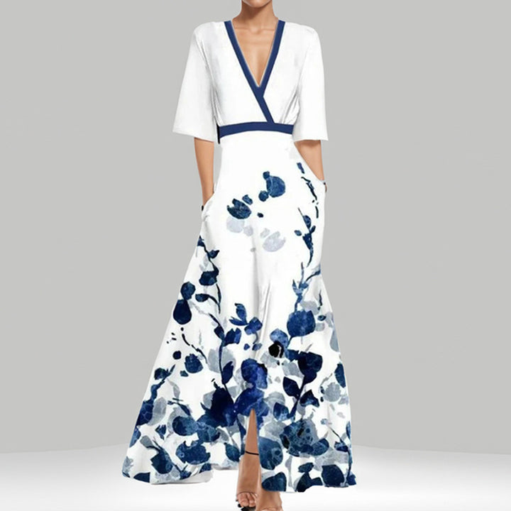 Damen Fließendes Maxikleid mit Tailliertem Wickel-Einsatz, Ausgestelltem Rock und Abstraktem Farbprint – Valéora