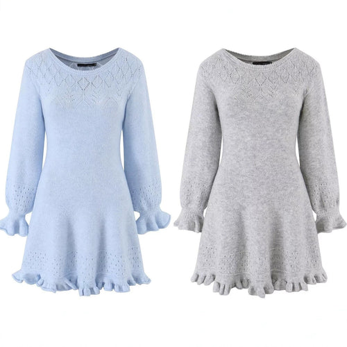 Damen Gestricktes A‑Linien Kleid mit Rüschenbündchen und Lochmuster Echo Archiv