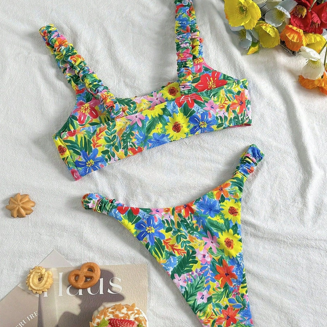 Damen Hauchdünner Floral-Bikini mit elastischen Rüschen Echo Archiv