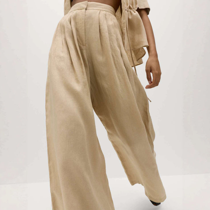 Damen Weite High‑Waist Leinenoptik Palazzo‑Hose mit Bundfalten und Eingrifftaschen – Avérine
