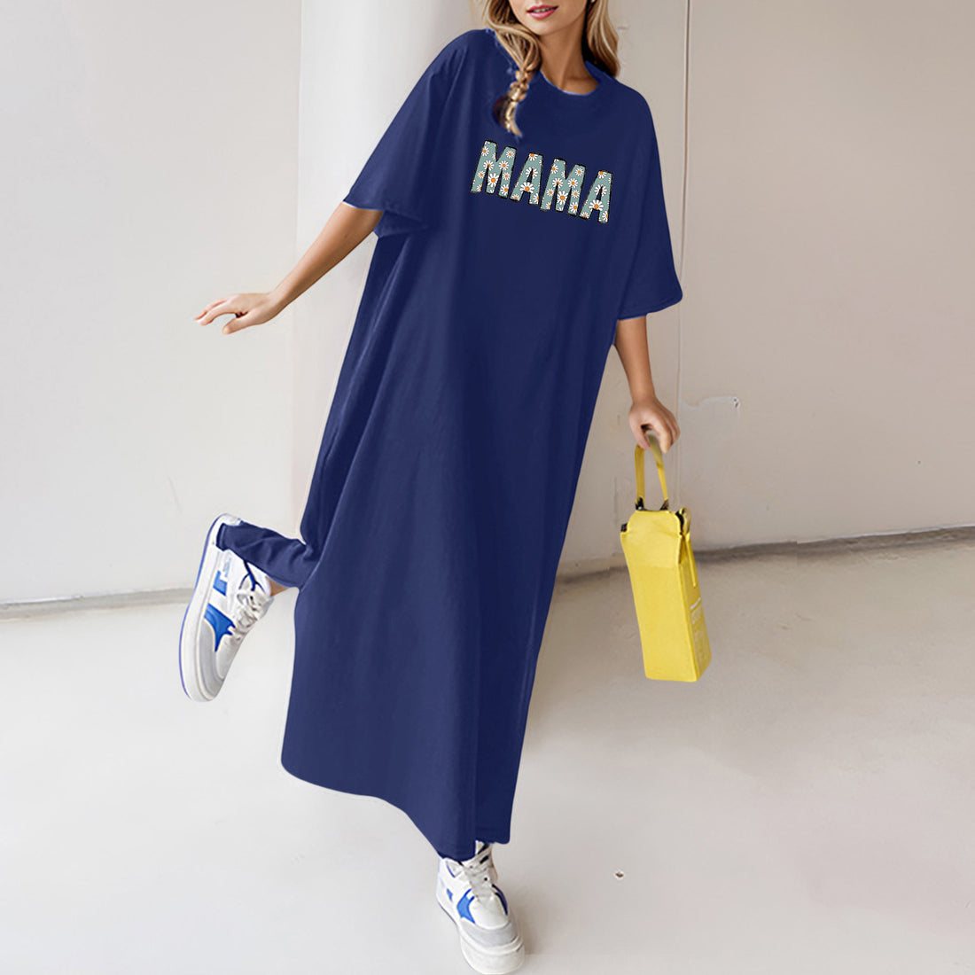 Damen florales Statement-Maxikleid im Oversize-T-Shirt-Stil mit Rundhalsausschnitt – Valéora