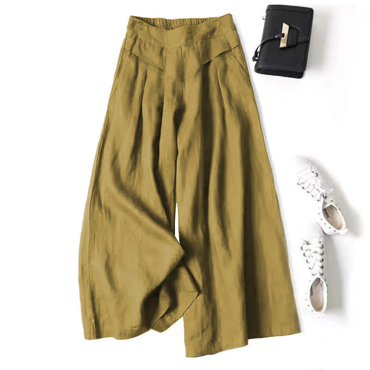 Damen Weit geschnittene Leinenhose mit hohem Bund und eleganten Falten Echoarchiv