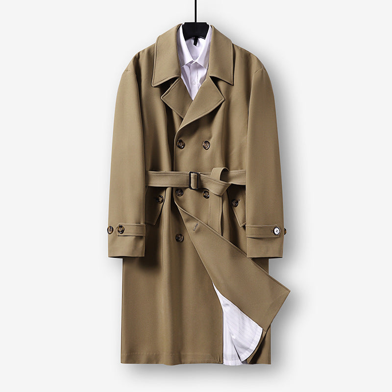 Herren Moderner knielanger Doppelreihiger Trenchcoat mit Taillengürtel Echoarchiv