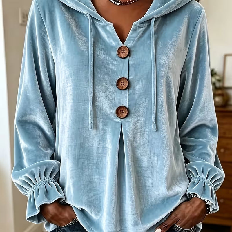 Damen Samt-Hoodie mit Holzknopfblende, Tunnelzug und gerafften Ärmeln – Auréline