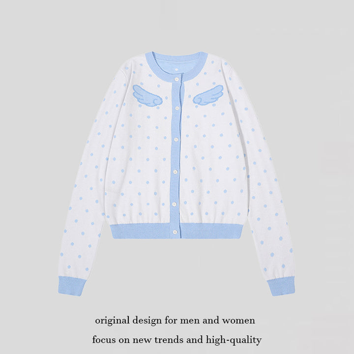 Damen Kurzgeschnittene Punkt-Strickjacke mit Engelsflügel-Motiv und Rippbündchen Echoarchiv