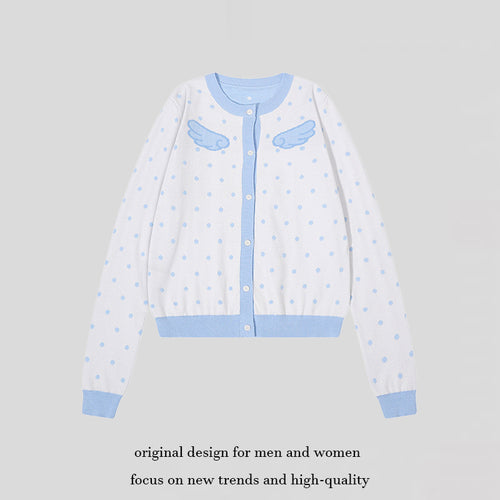 Damen Kurzgeschnittene Punkt-Strickjacke mit Engelsflügel-Motiv und Rippbündchen Echoarchiv