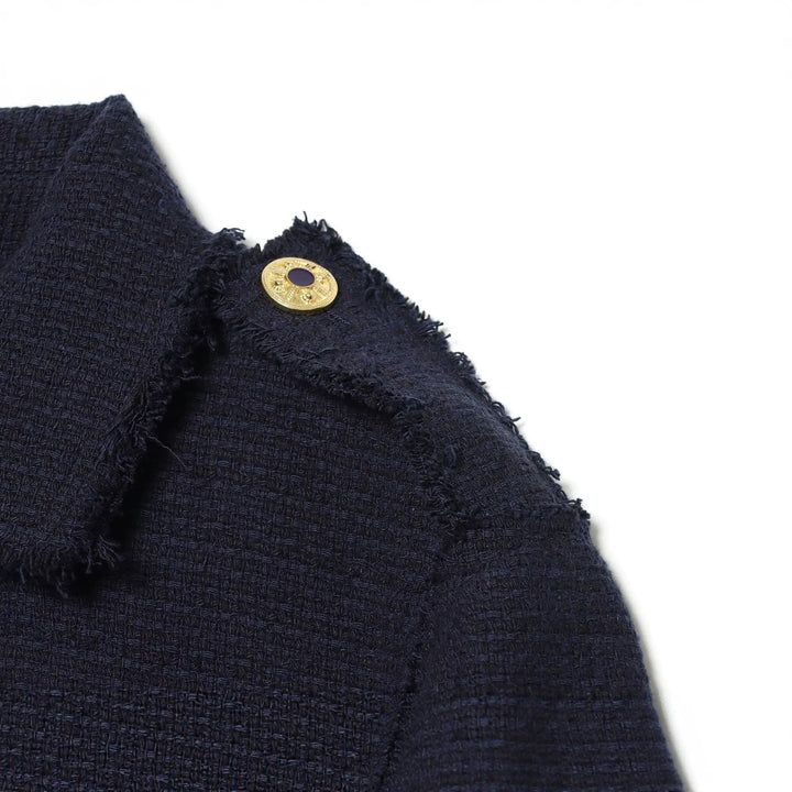 Damen Bouclé‑Tweed Kurzjacke mit Fransenbesatz, Schulterpatten und aufgesetzten Taschen Echo Archiv