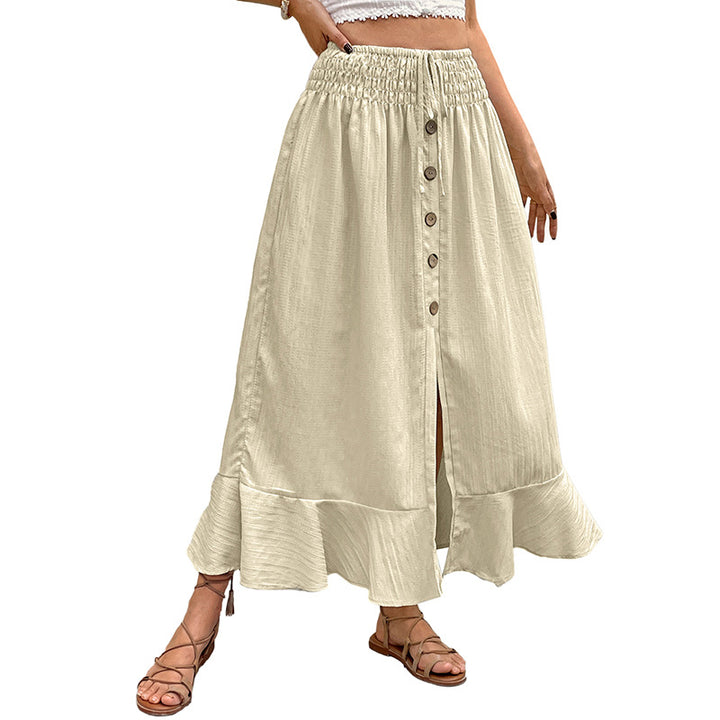 Damen Sommerlicher Maxirock mit Smockbund, durchgehender Knopfleiste, Seitenschlitz und Volant Echoarchiv