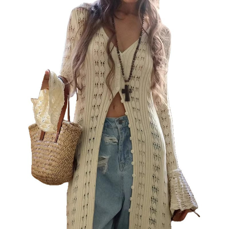Damen Langer Häkelstrick-Cardigan mit Glockenärmeln und Offener Front – Veloura