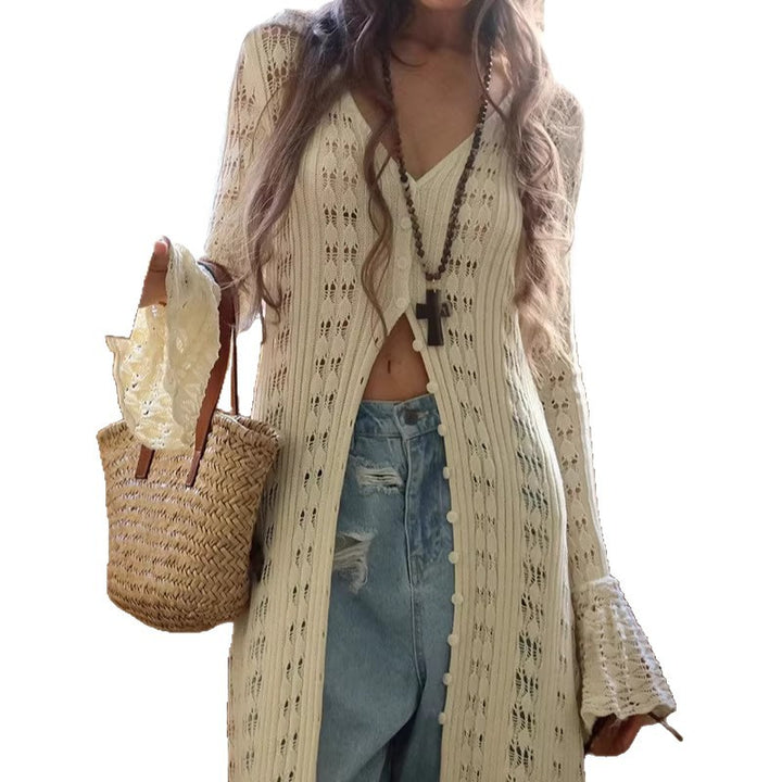 Damen Langer Häkelstrick-Cardigan mit Glockenärmeln und Offener Front – Veloura