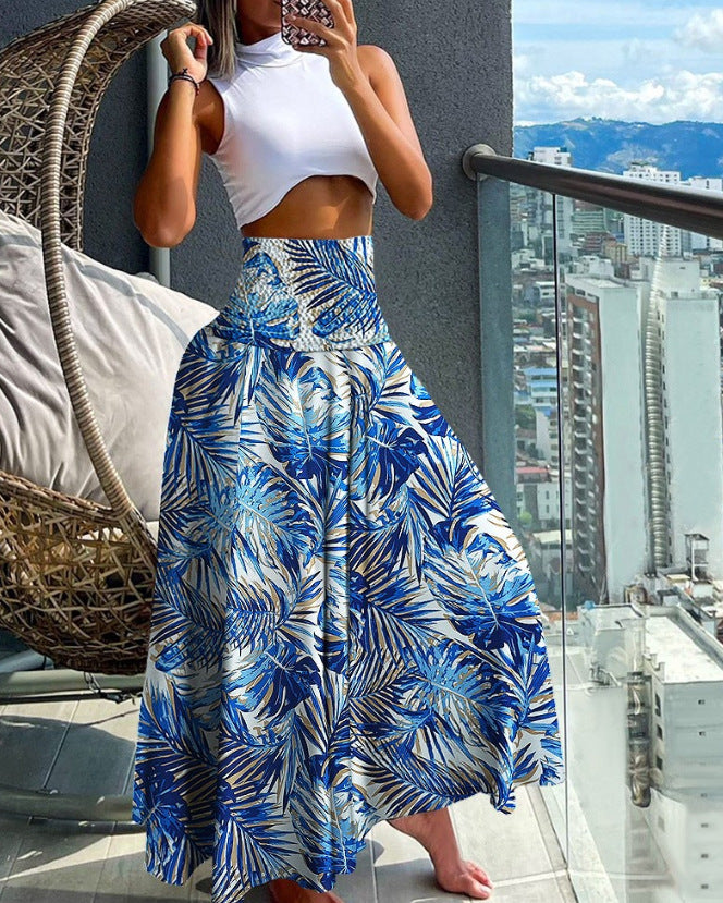 Damen Maxirock mit hohem Smockbund und weitem Boho-Print – Rosévia