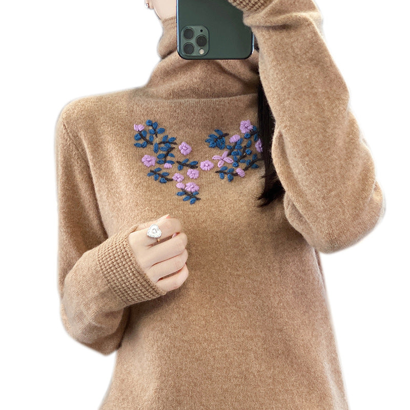 Damen Kaschmir‑Optik Rollkragenpullover mit zarter Blumenstickerei am Brustbereich Echoarchiv