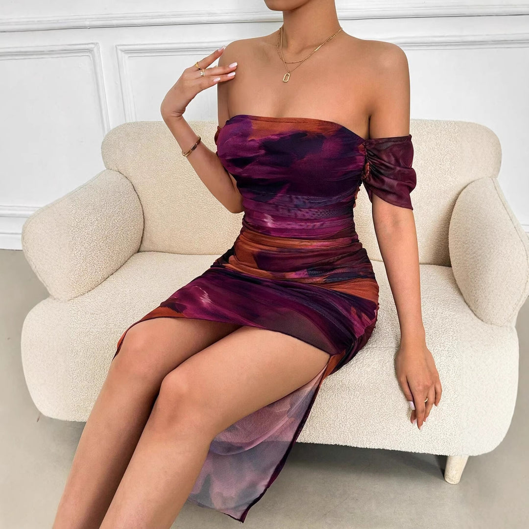 Damen Figurbetontes schulterfreies Maxikleid mit Raffung, Beinschlitz und Aquarell-Print Echo Archiv