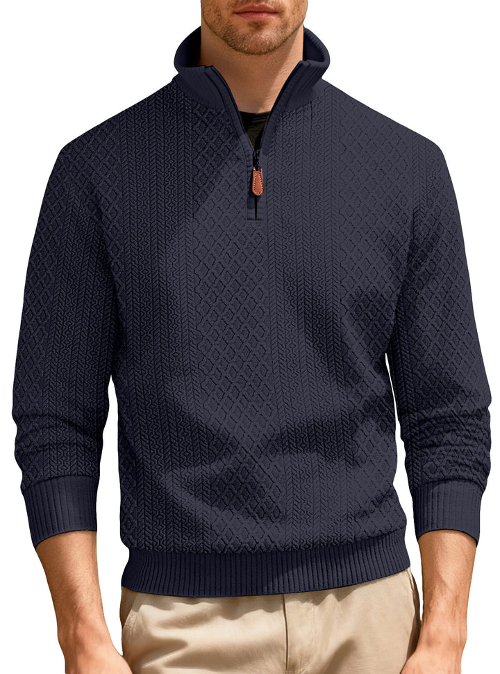Herren nan feinstrukturierter Halbzip-Pullover im Jacquard-Relief mit hohem Stehkragen und Leder-Zipper Echo Archiv