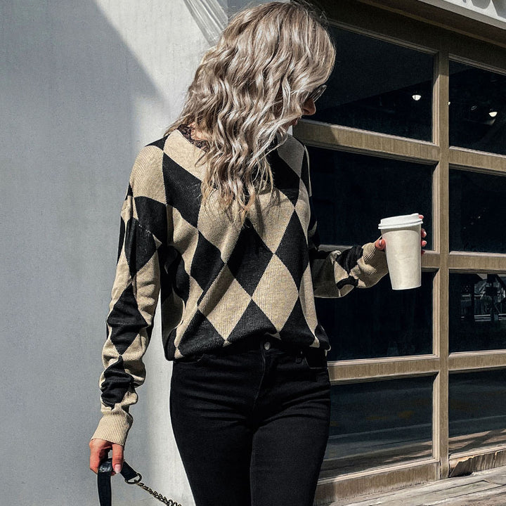 Damen Rauten-Strickpullover mit lockerem Schnitt und Rippbündchen Echoarchiv
