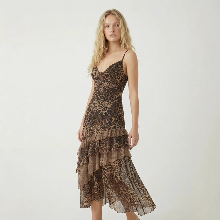 Damen elegantes Midikleid mit asymmetrischem Volant und Animal-Print Echo Archiv