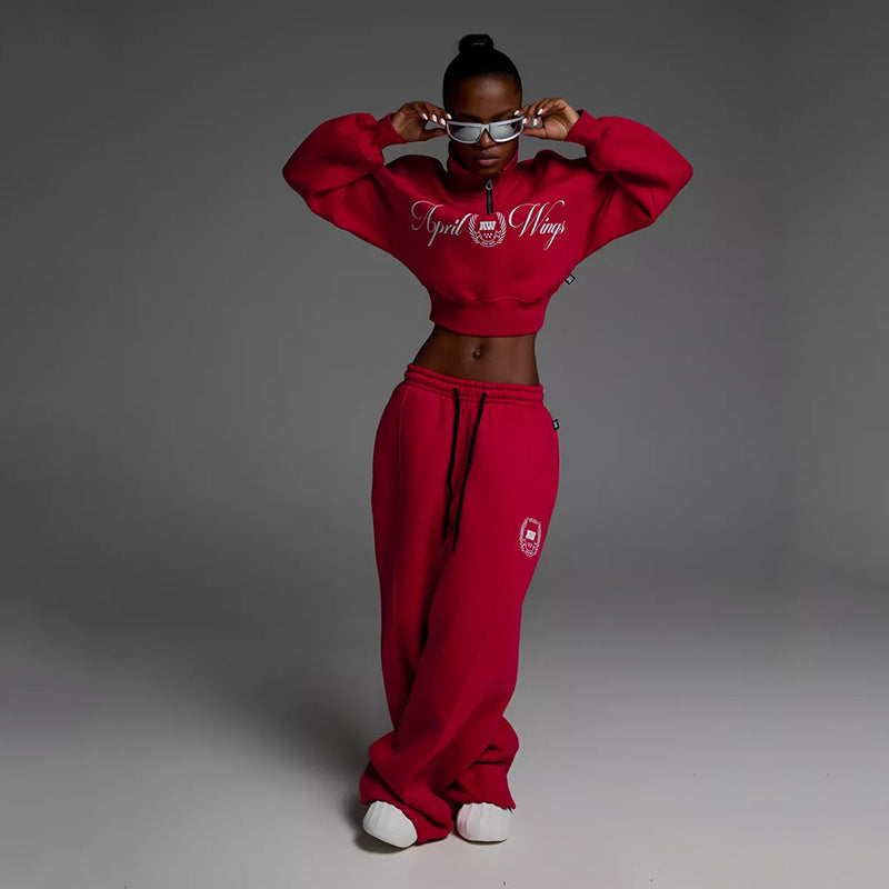 Damen Cropped Halbzip-Sweatshirt mit weitem High‑Waist Loungehose Set – Avérine