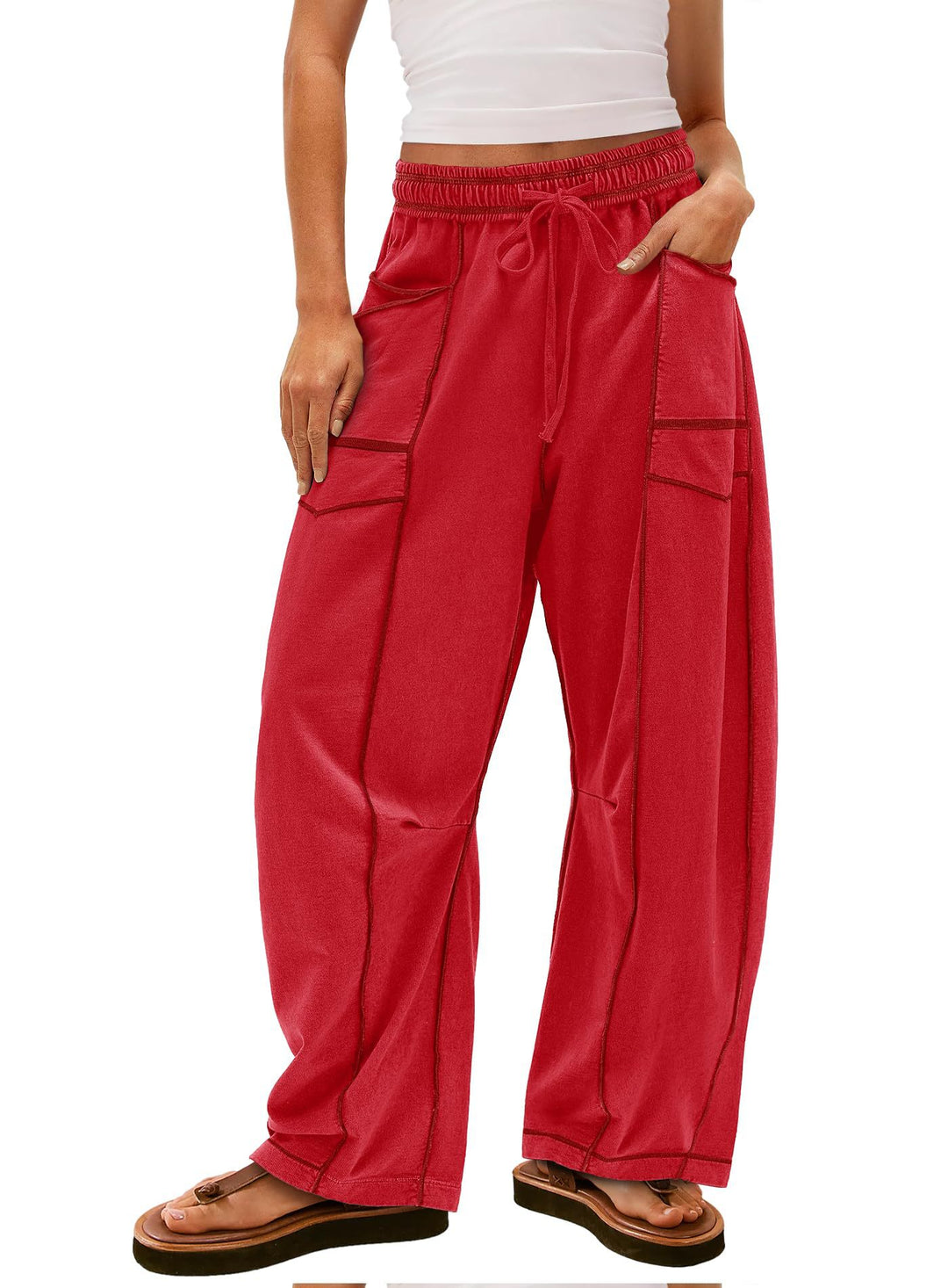 Damen weite Cargo-Loungehose mit elastischem Bund und Kontrastnähten – Avérine