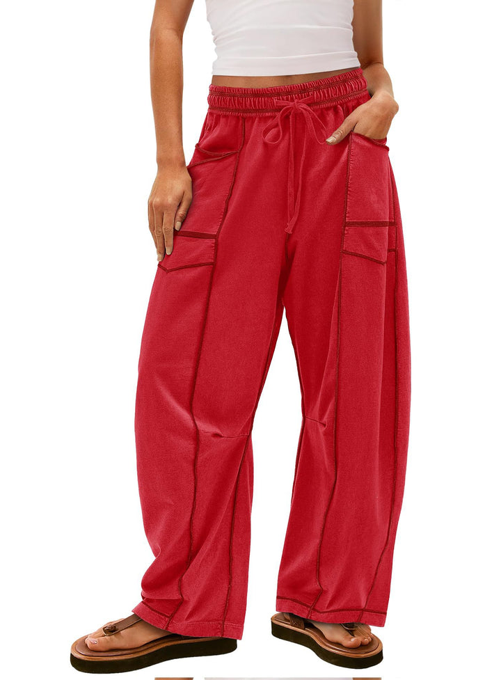 Damen weite Cargo-Loungehose mit elastischem Bund und Kontrastnähten – Avérine