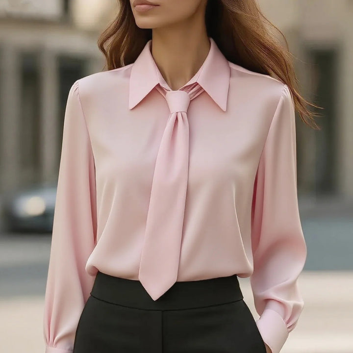 Damen Seidige Business Bluse mit Hemdkragen und integrierter Schleife Echoarchiv
