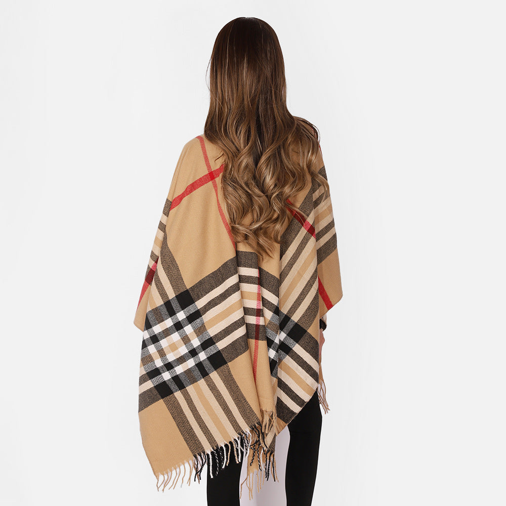 Damen Karierter Wollmix-Poncho mit Fransen und offenem Kimono-Schnitt – Montévia