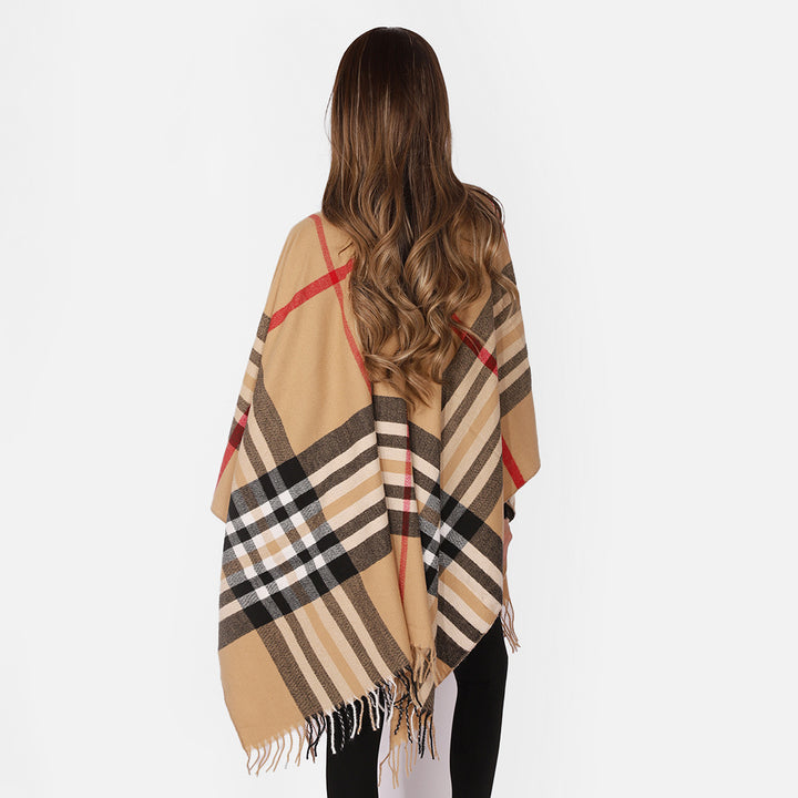 Damen Karierter Wollmix-Poncho mit Fransen und offenem Kimono-Schnitt – Montévia