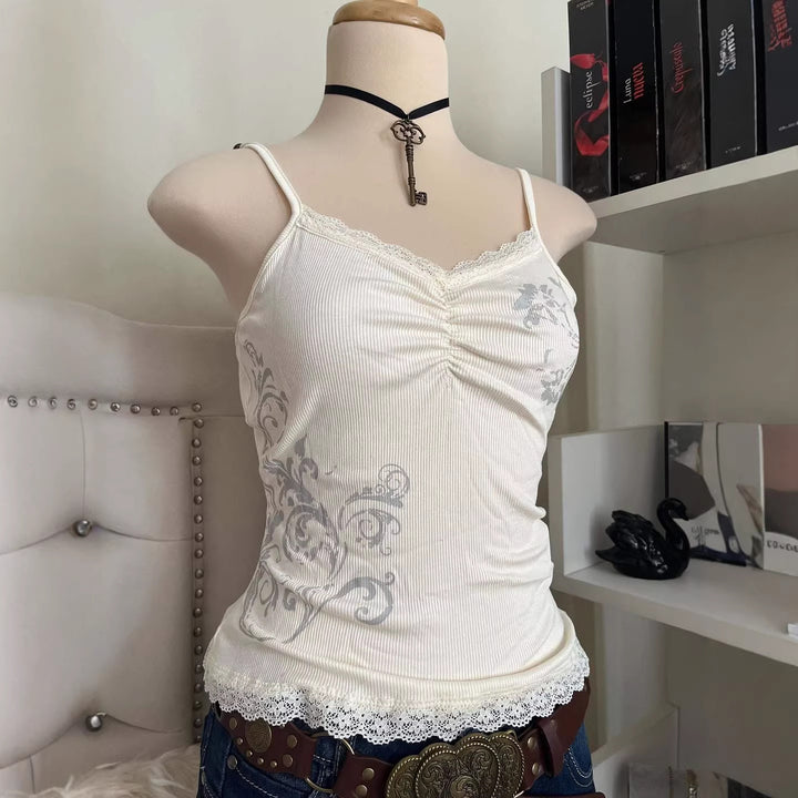 Damen Verspieltes Spaghetti-Träger Top mit Spitzendetails Echo Archiv