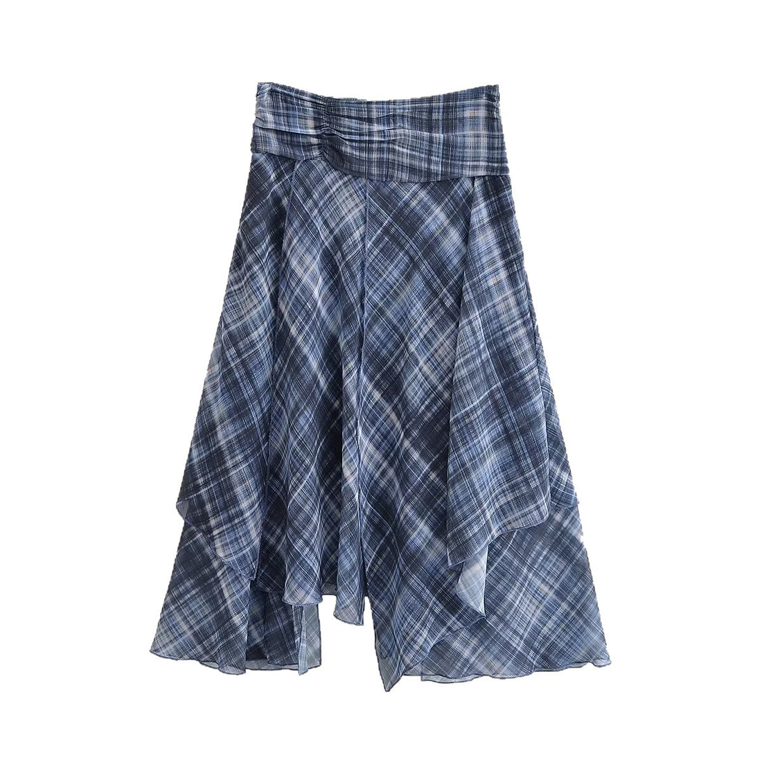 Damen Asymmetrischer mehrlagiger Midirock aus Chiffon mit weitem Taillenbündchen und Karomitternung Echo Archiv