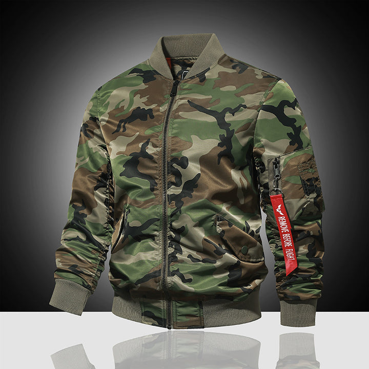 Herren Piloten-Bomberjacke im Camouflage-Design mit Ärmel-Reißverschlusstasche und Sicherheitsband Echo Archiv