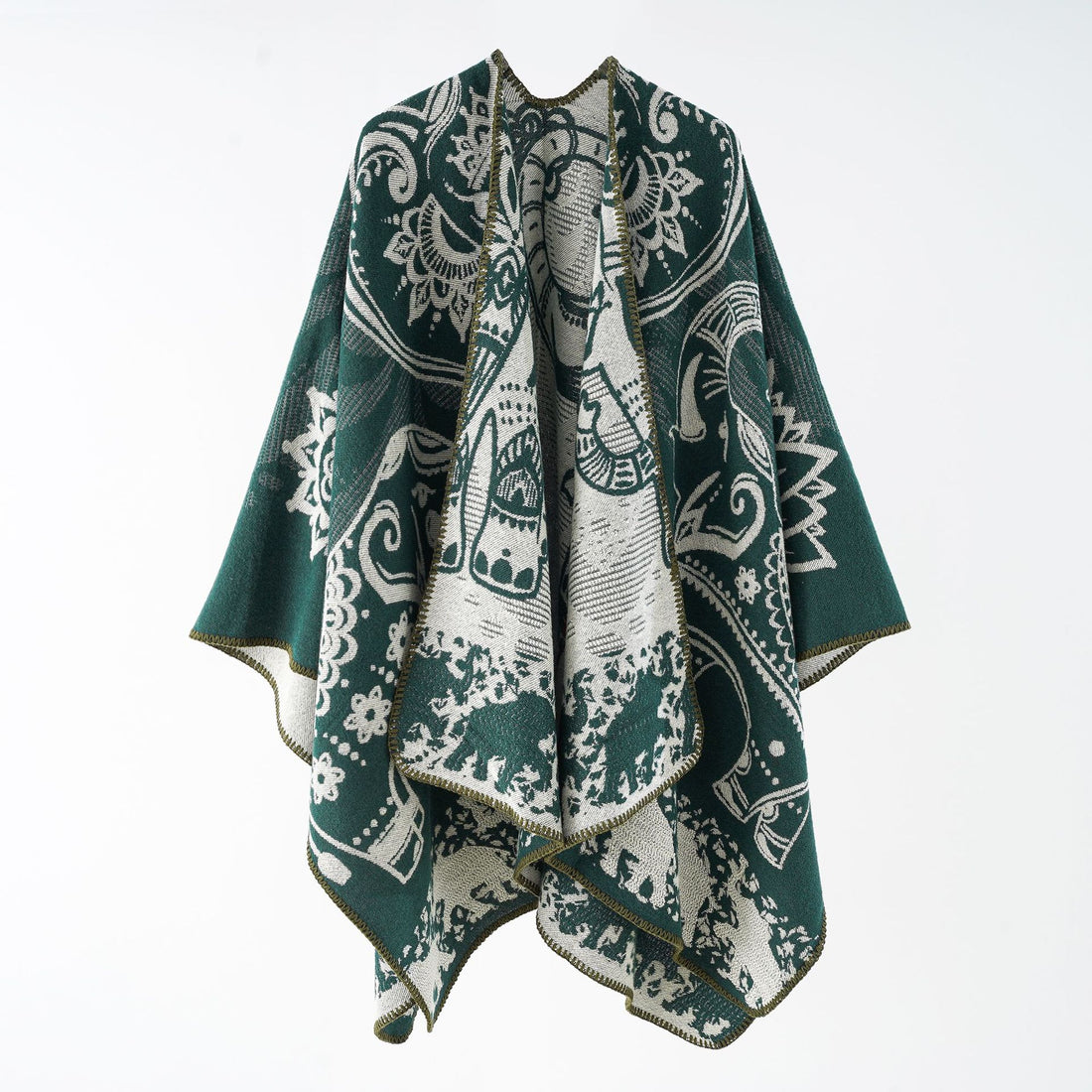 Damen Jacquard-Überwurfponcho mit doppelseitiger Webstruktur und Zierstichkante – Célinea