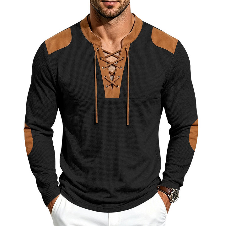 Herren Waffelstruktur-Henley mit Schnürkragen und Kunstleder-Patches – Marzano