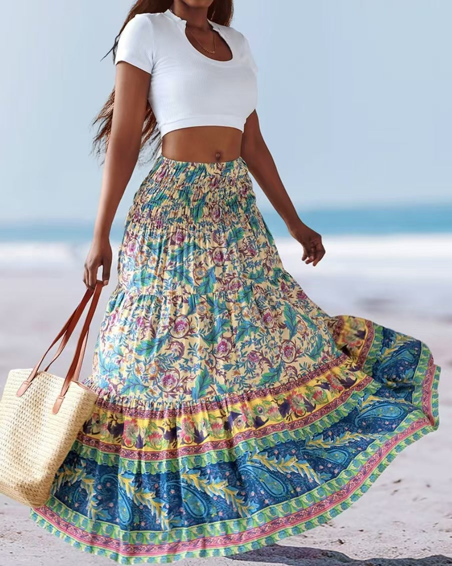 Damen Maxirock mit elastischem Smockbund und fließendem Paisley‑Print – Rosévia