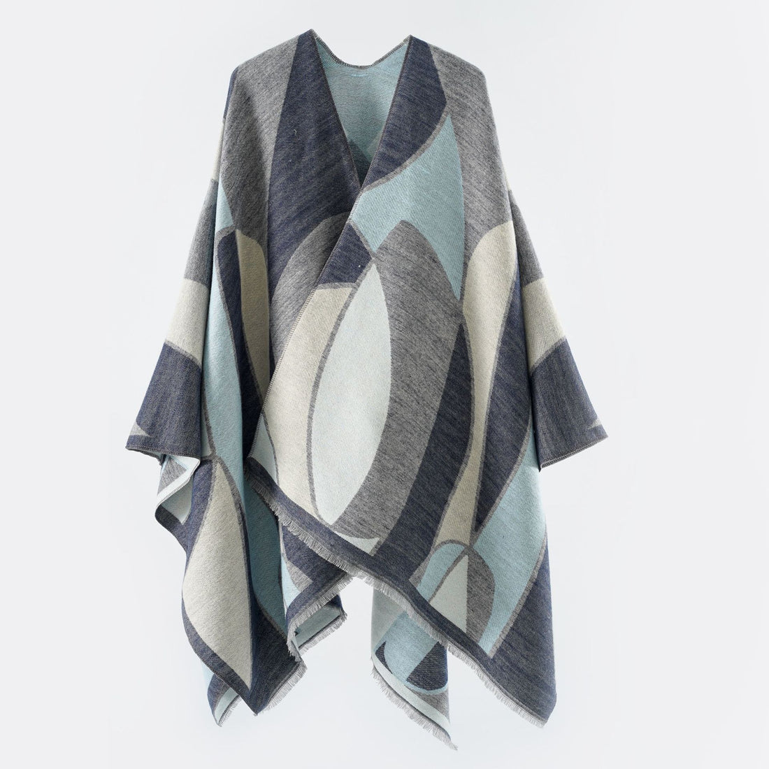 Damen Oversize-Poncho mit V-Ausschnitt und geometrischem Jacquard-Design – Veloura