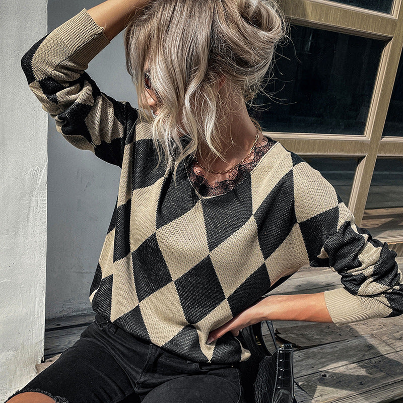Damen Rauten-Strickpullover mit lockerem Schnitt und Rippbündchen Echoarchiv