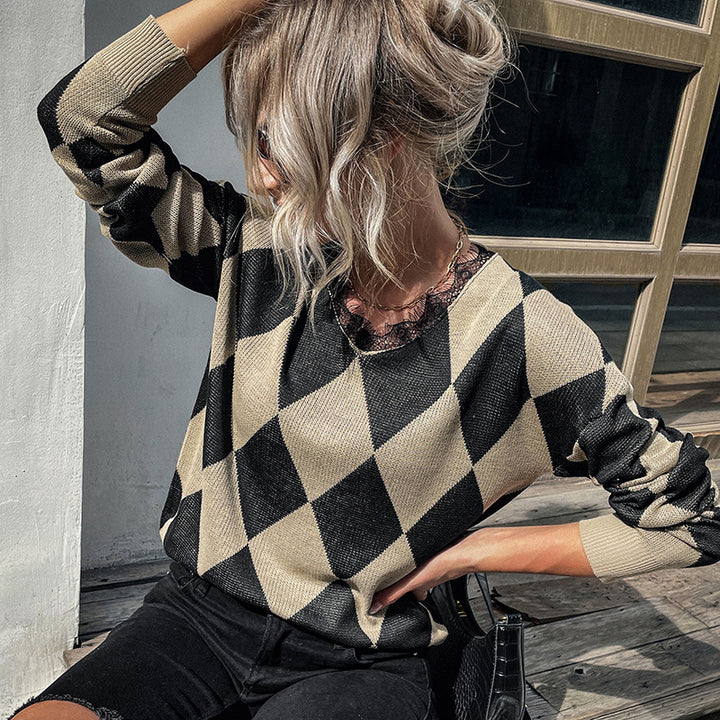 Damen Rauten-Strickpullover mit lockerem Schnitt und Rippbündchen Echoarchiv