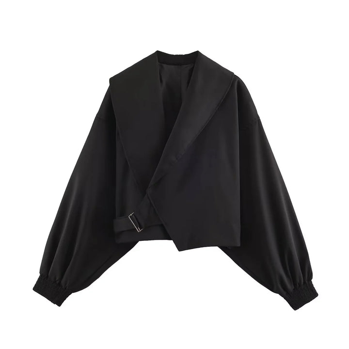 Damen kurze Oversize Jacke mit großem Schalkragen und Ballonärmeln – Célinea